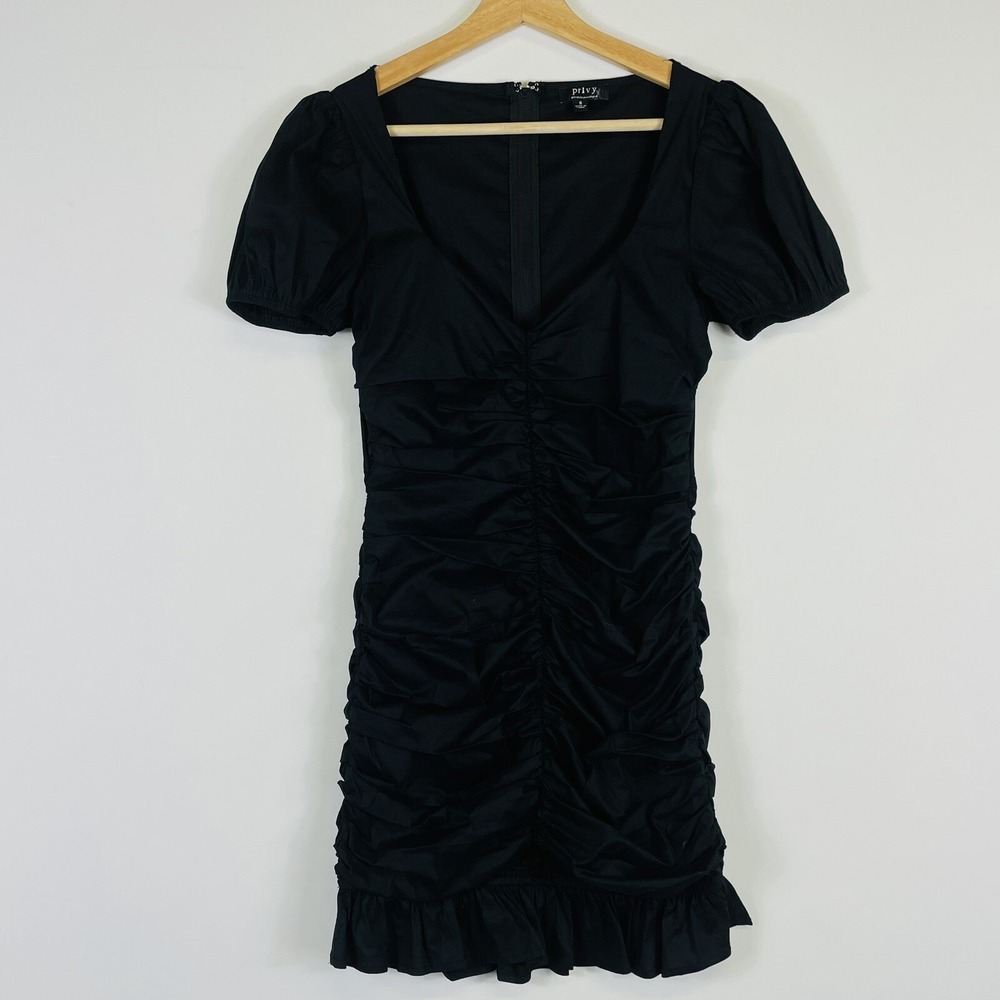 Privy Dress Women Small Black Ruched Puff Sleeve Ruffle Hem Coquette Goth